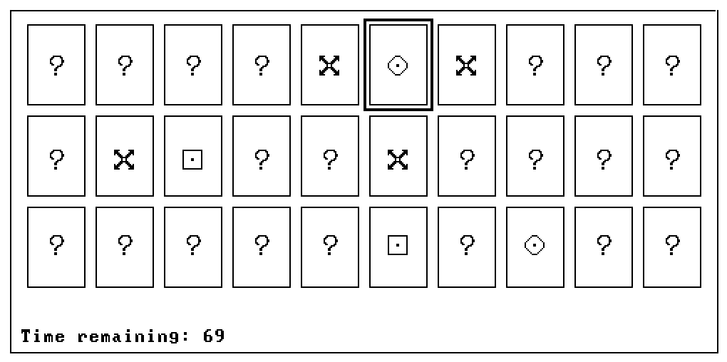 MemoryMatch gameplay on the Hack computer — a grid of face-down cards with a few flipped to reveal symbols, and a countdown timer