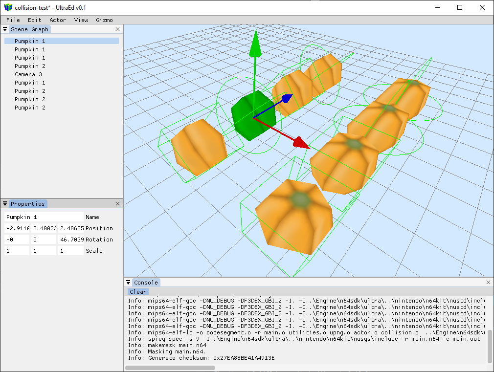 UltraEd level editor showing a 3D scene, scene graph, and property panels